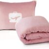 Premium Soft 2 in 1 Airplane Blanket and Pillow Set – EverSnug Travel Blanket with Soft Bag Pillowcase, Hand Luggage Sleeve and Backpack Clip (Light Pink)