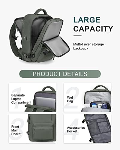 DarkGreen VECAVE Travel Backpack for Women, Waterproof, Airline Flight Approved, 14 Inch Laptop Backpack with Shoe Compartment – Carry On Casual Backpacks