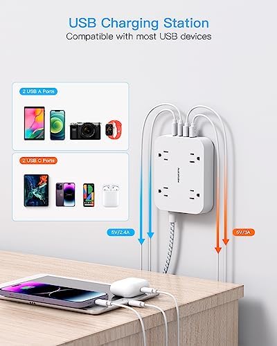 5ft Flat Plug Extension Cord with 4 USB Ports (2 USB C) and 4 Widely Outlets – ETL Listed for Office, School, Travel, Dorm Room, Wall Mount, and Desk Charging Station Essentials