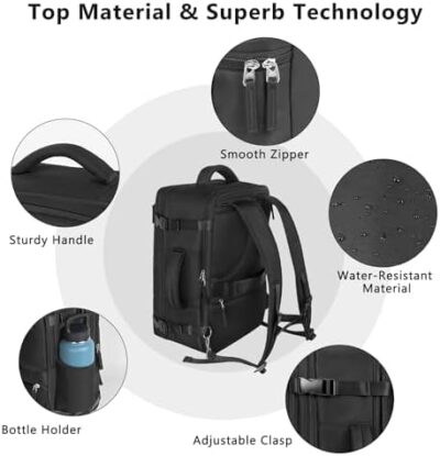 Snoffic Black Travel Backpack with USB Charging Port – 17.3 Inch Laptop Backpack for Men and Women, Waterproof Carry On Backpack for Airline Travel, Hiking, Camping, Gym, and Casual Weekends