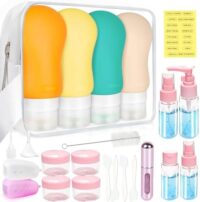 24 Piece Set of TSA Approved Leak Proof Silicone Squeezable Travel Bottles for Toiletries, Refillable Containers for Conditioner, Shampoo, Lotion, Body Wash, and Perfume