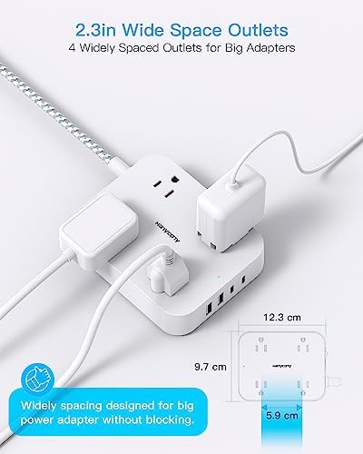 5ft Flat Plug Extension Cord with 4 USB Ports (2 USB C) and 4 Widely Outlets – ETL Listed for Office, School, Travel, Dorm Room, Wall Mount, and Desk Charging Station Essentials