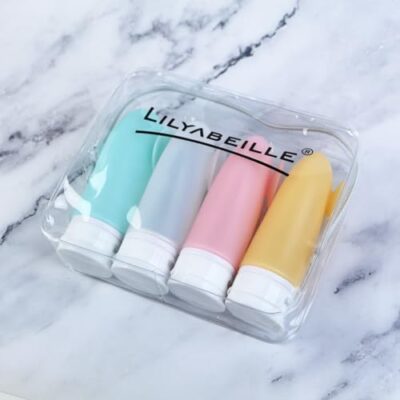 4 Pack of LilyAbeille Travel Bottles for Toiletries with Suction Cup, TSA Approved and Leak Proof, 3oz Refillable Containers for Shampoo and Conditioner, Includes Toiletry Bag