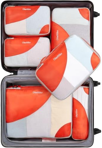 OlarHike 6-Piece Set of Travel Packing Cubes in Various Sizes – Large, Medium, Small, Slim – Luggage Organizer Bags for Travel Essentials, Carry-on Suitcase Cubes in Orange