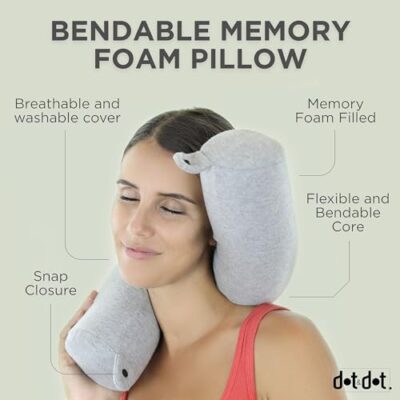 Travel Pillow with Memory Foam for Neck, Chin, Lumbar, and Leg Support – Perfect for Sleeping on Airplanes or Anywhere – Adjustable and Bendable for Side, Stomach, and Back Sleepers – From Dot&Dot