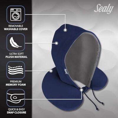 Sealy – Hoodie Travel Pillow with Soft Memory Foam Provides Comfortable Support