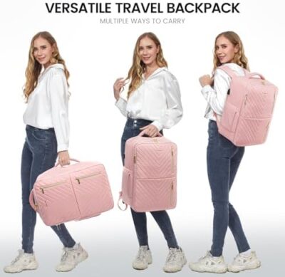 LOVEVOOK Large 40L Travel Backpack for Women – Airline Approved, Waterproof, 17.3inch Laptop Compartment, with 4 Pink Packing Cubes