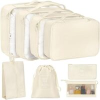 Pack of 8 Beige Travel Packing Organizers for Luggage – Set of Packing Cubes for Toiletries, Shoes, Clothes, and Cosmetics