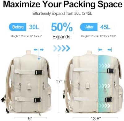 TRAVELHEART Large Expandable 45L Travel Backpack with Shoe Compartment for Women and Men – Flight Approved – White