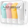 4 Pack of LilyAbeille Travel Bottles for Toiletries with Suction Cup, TSA Approved and Leak Proof, 3oz Refillable Containers for Shampoo and Conditioner, Includes Toiletry Bag