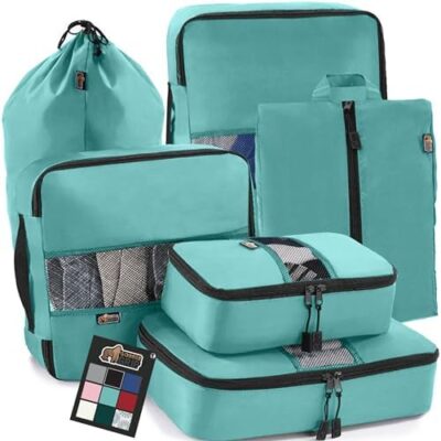 Turquoise 6 Piece Packing Cubes Set with Gorilla Grip, Compression Space Saving Organizers for Suitcases and Luggage, Mesh Window Bags, Travel Essentials for Carry On, Clothes and Shoes, Zippered Cube