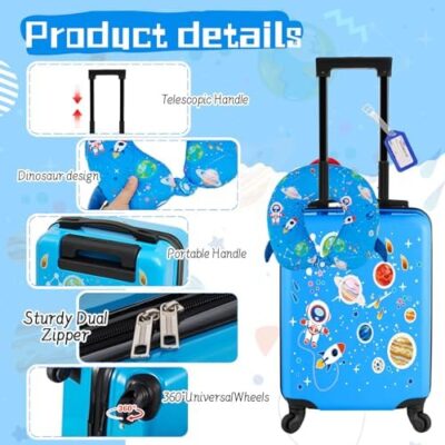 Sanwuta 4-Piece Astronaut Kids Luggage Set with Rolling Suitcase, Backpack, Neck Pillow, and Name Tag – Perfect Christmas Gifts for Boys