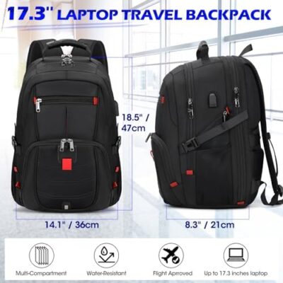45L Black Waterproof TSA Travel Laptop Backpack with USB Charging Port for 17 Inch Laptop, Anti Theft, College Business Work Bag for Men and Women