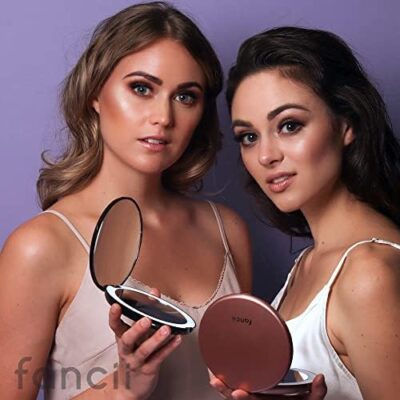 Fancii LED Lighted Travel Makeup Mirror – Rechargeable, 10x/1x Magnifying, 3 Light Settings – Portable, Compact, Large 5″ Wide Hand Mirror for Handbag and Purses (Black)