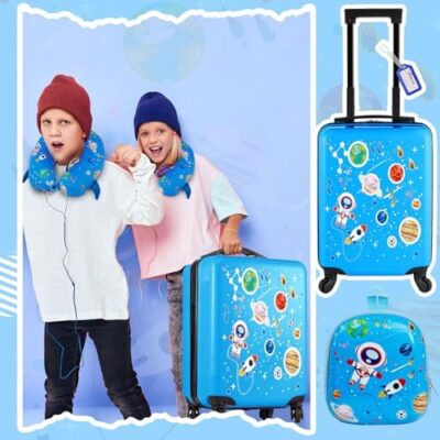 Sanwuta 4-Piece Astronaut Kids Luggage Set with Rolling Suitcase, Backpack, Neck Pillow, and Name Tag – Perfect Christmas Gifts for Boys