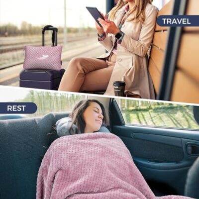 NOWWISH Travel Blanket and Pillow 2in1 – Premium Airplane Accessories with Bag, Compact & Comfortable, Perfect Gift for Women and Men.