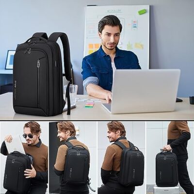 Men’s Business Laptop Backpack with USB Port – FENRUIEN 15.6 Inch Expandable, Water Resistant Weekender Carry On Casual Daypack for Work/College/Travel (Black)
