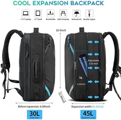 Extra Large TANGCORLE Travel Carry on Backpack: Expandable 45L, Flight Approved with USB Charging Port and Water Resistant Design for Men & Women, Fits 17.3″ Laptop