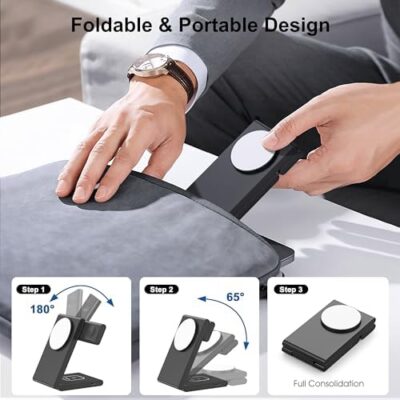 Convenient 3-in-1 Wireless Charging Station for Multiple Devices, including iPhone and Apple Watch/AirPods Pro, with Fast Foldable Travel Stand and Magnetic Charger