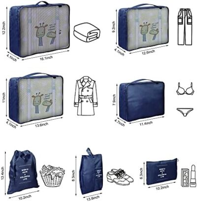7 Piece Set of Packing Cubes and Travel Accessories for Men and Women – Includes Foldable Laundry Bag and Shoe Bag – Lightweight Luggage Organizer in Blue