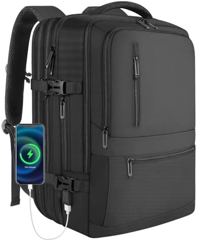 Large 50L Travel Backpack with 17inch Laptop Compartment – Waterproof, Airline Approved Carry on Luggage for Men – Expandable Business Gift in Black