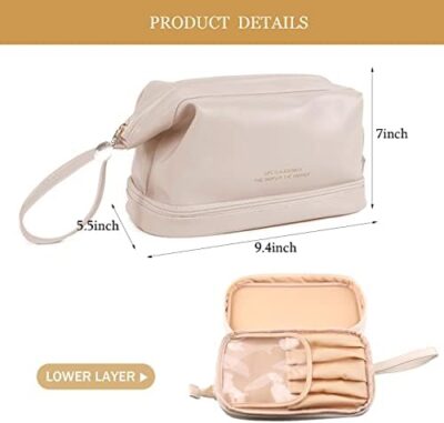 Spacious Double Layer Leather Travel Makeup Bag for Women and Girls by Abiudeng