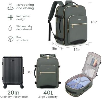 Large 40L Lovevook Travel Backpack for Women and Men – Airplane Carry-On and Personal Item, Business Casual Weekender Bag in Grey Green-Black