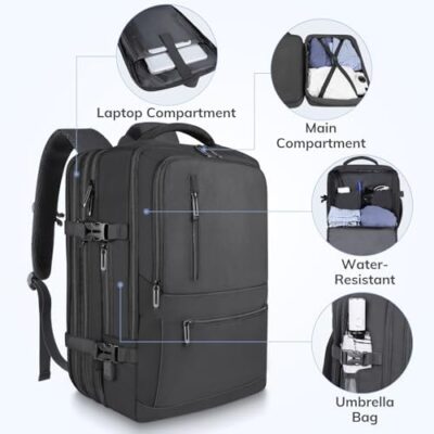 Large 50L Travel Backpack with 17inch Laptop Compartment – Waterproof, Airline Approved Carry on Luggage for Men – Expandable Business Gift in Black