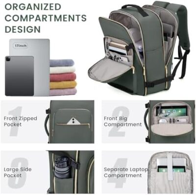Large 40L Lovevook Travel Backpack for Women and Men – Airplane Carry-On and Personal Item, Business Casual Weekender Bag in Grey Green-Black