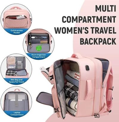 Pink DWQOO Travel Backpack for Women – Flight Approved, Large Expandable Suitcase Backpack with 17.3 Inch Laptop Compartment and USB Charging Port – Ideal for Weekender, Business, Camping, Hiking