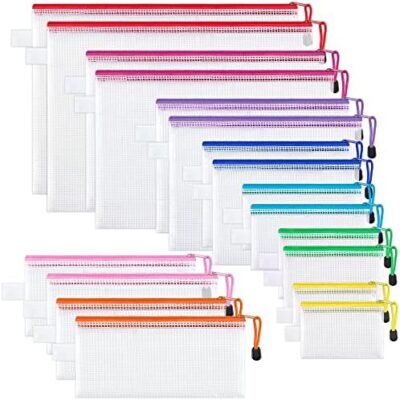 JARLINK 18-Pack of Waterproof Zipper File Bags in 8 Sizes and 9 Colors, Mesh Pouches for Office Supplies, Cosmetics, and Travel Accessories