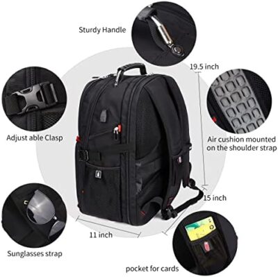 Black SHRRADOO 52L Extra Large Travel Laptop Backpack with USB Charging Port, Airline Approved for Men and Women, Fits 17 Inch Laptops – Perfect for College, Business, and Work
