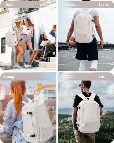Waterproof Travel Backpack for Men and Women with USB Charging Port, Business Laptop Backpack for Hiking and Gym with Shoe Compartment – Flight Approved Personal Item Bag for Casual Daypack (White)