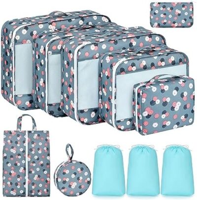 Easortm 11-Piece Set of Packing Cubes for Suitcases – Travel Organizer and Luggage Bags for Travel Accessories (Blue Flower Design)
